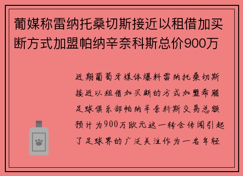 葡媒称雷纳托桑切斯接近以租借加买断方式加盟帕纳辛奈科斯总价900万 葡媒称雷纳托桑切斯接近以租借加买断方式加盟帕纳辛奈科斯总价900万